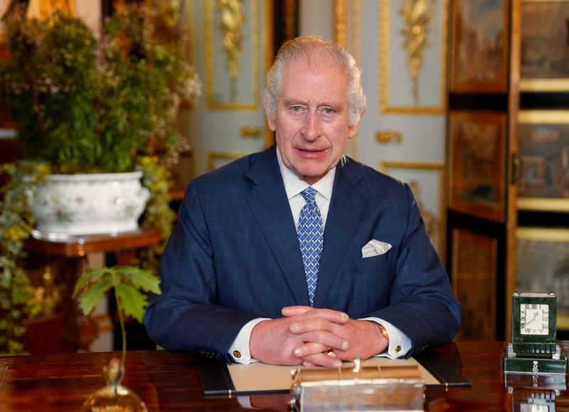 &copy; Reuters. Britain's King Charles is seen during the recording of the his Commonwealth message which was filmed in the White Drawing Room at Windsor Castle in Windsor, Britain, in February, in this handout photo issued by the Royal Household on March 11, 2024. Royal