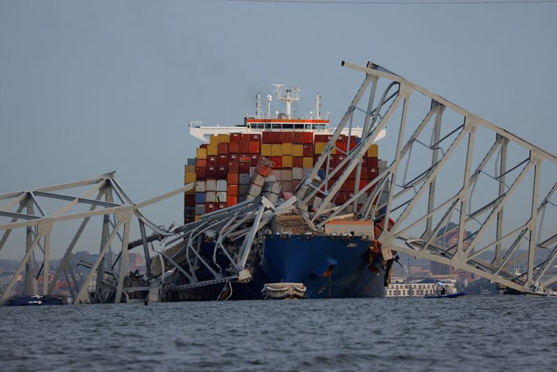 &copy; Reuters. La nave portacontainer Dali che si è schiantata contro il Francis Scott Key Bridge a Baltimora.  REUTERS/Julia Nikhinson