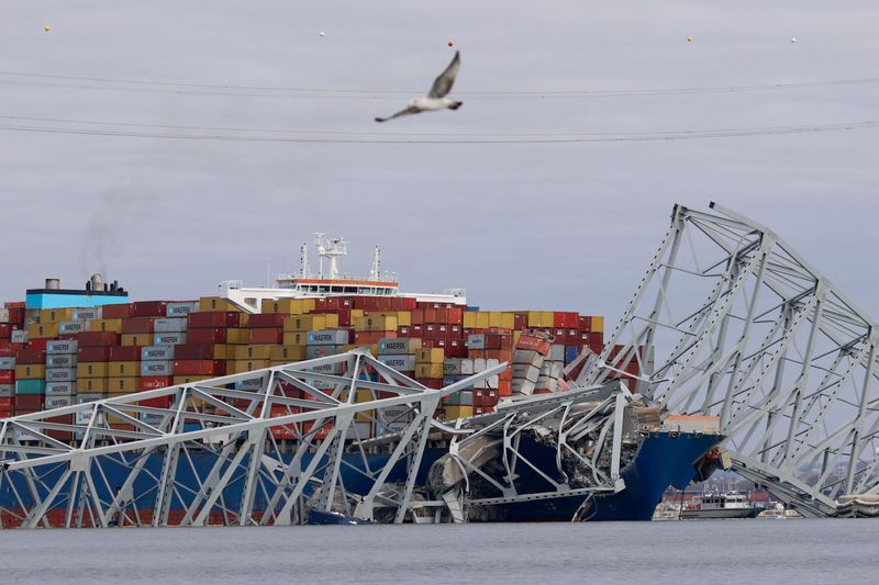 © Reuters. A view of the Dali cargo vessel which crashed into the Francis Scott Key Bridge causing it to collapse in Baltimore, Maryland, U.S., March 26, 2024.  REUTERS/Julia Nikhinson