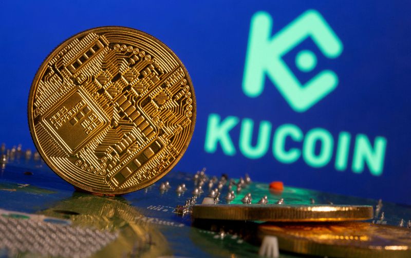© Reuters. FILE PHOTO: Representations of cryptocurrency is seen in front of a Kucoin logo in this illustration taken on February 9, 2021. REUTERS/Dado Ruvic/Illustration/File Photo