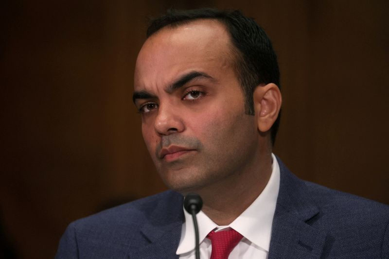 © Reuters. FILE PHOTO: U.S. Consumer Financial Protection Bureau (CFPB) Director Rohit Chopra testifies before a Senate Banking, Housing and Urban Affairs Committee hearing on 