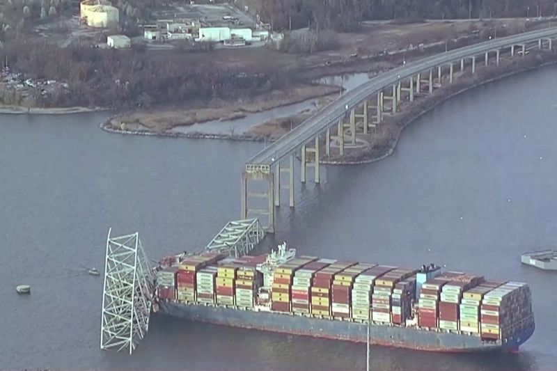 &copy; Reuters. An aerial view of the Dali cargo vessel which crashed into the Francis Scott Key Bridge causing it to collapse in Baltimore, Maryland, U.S., March 26, 2024, in this still image taken from a video.    ABC AFFILIATE WJLA via REUTERS.  