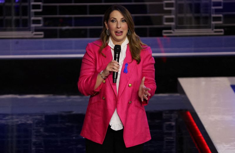 &copy; Reuters. FILE PHOTO: Republican National Committee (RNC) Chair Ronna McDaniel speaks to the audience at the third Republican candidates' U.S. presidential debate of the 2024 U.S. presidential campaign hosted by NBC News at the Adrienne Arsht Center for the Perform