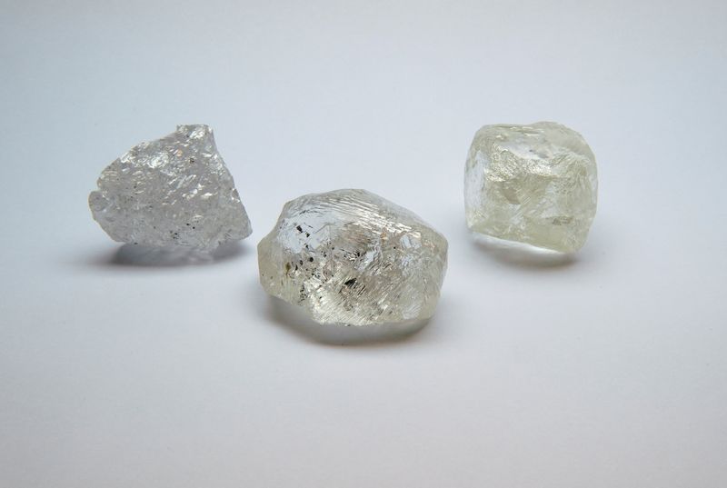 &copy; Reuters. FILE PHOTO: A view shows gem-quality stones, including a rare 242-carat rough diamond that will be offered at the 100th international auction of Russian state-controlled diamond producer Alrosa, during a presentation in Moscow, Russia February 25, 2021. P