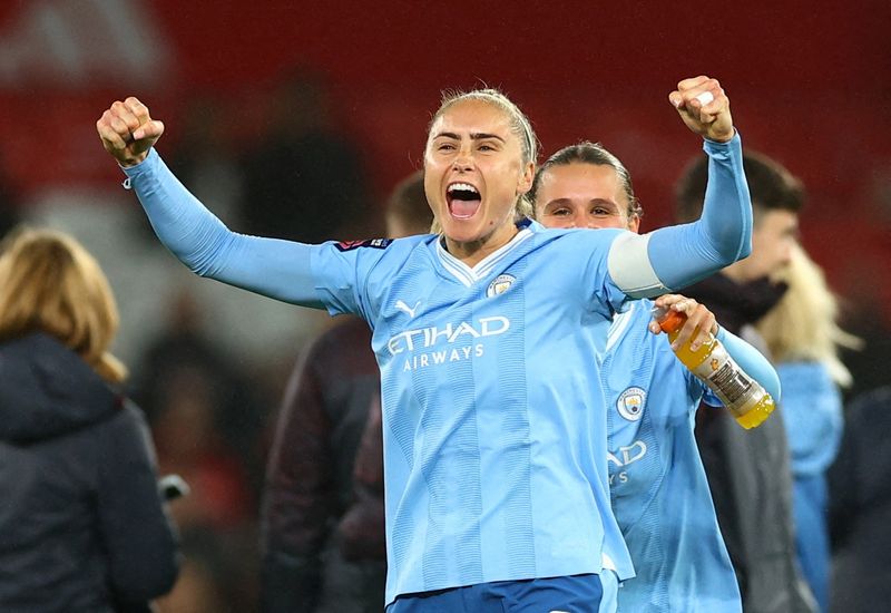 &copy; Reuters. FILE PHOTO: Soccer Football - Women's Super League - Manchester United v Manchester City - Old Trafford, Manchester, Britain - November 19, 2023 Manchester City's Steph Houghton celebrates after the match REUTERS/Molly Darlington/File Photo