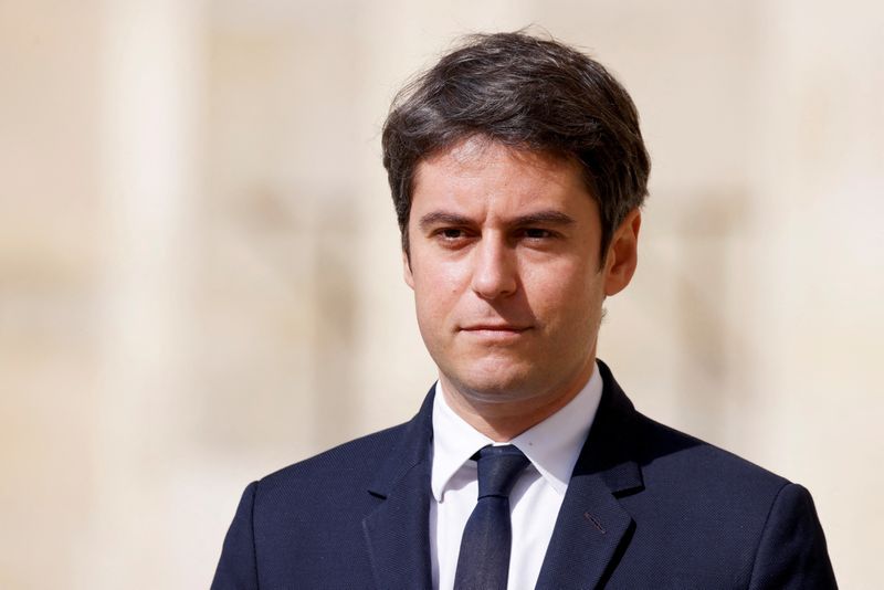 &copy; Reuters. FILE PHOTO: France's Prime Minister Gabriel Attal attends a "national tribute" ceremony for late French politician and admiral, Philippe de Gaulle, son of Charles de Gaulle, at the Hotel des Invalides in Paris, France on March 20, 2024. LUDOVIC MARIN/Pool
