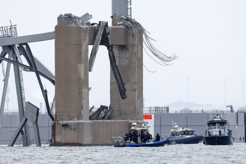 © Reuters. Barcos de emergencia trabajan cerca de la sección derrumbada del puente Francis Scott Key, después de que el carguero Dali chocara contra él, en Baltimore, Maryland, Estados Unidos, 27 de marzo de 2024. REUTERS/Mike Segar