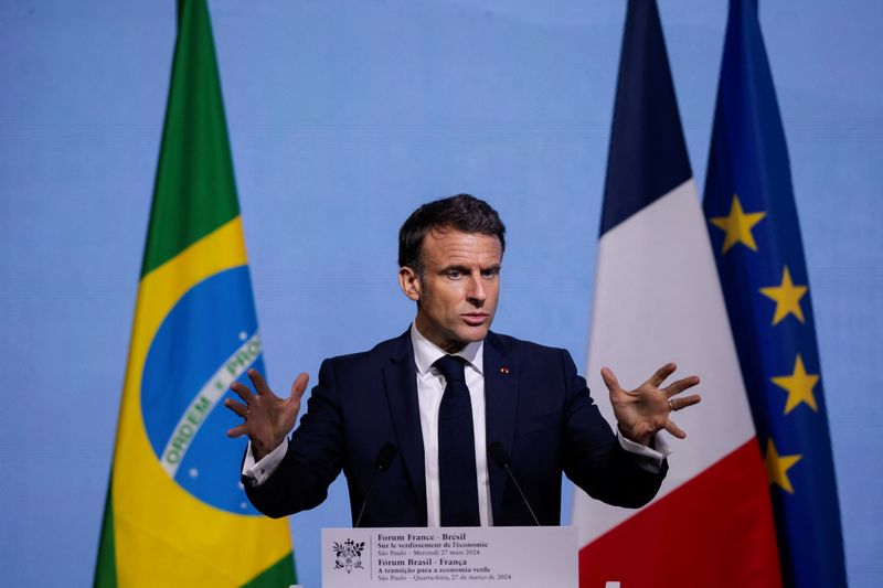 &copy; Reuters. French President Emmanuel Macron speaks during the Brazil-France Economic Forum at the Federation of Industries of the State of Sao Paulo (FIESP) in Sao Paulo, Brazil March 27, 2024. REUTERS/Amanda Perobelli