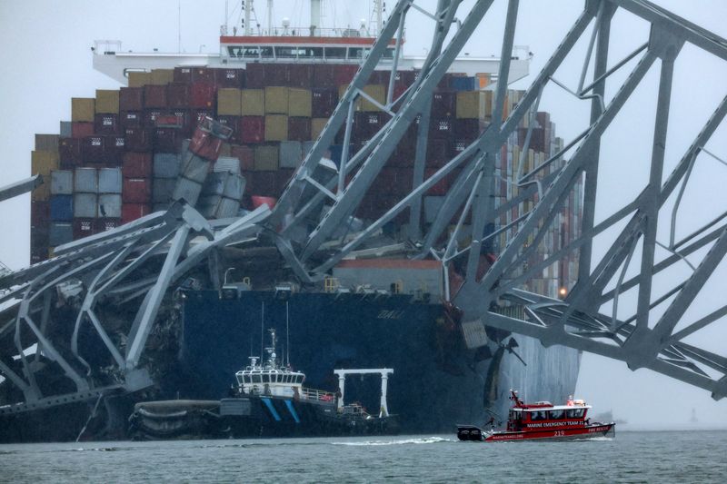 &copy; Reuters. A Marine Emergency Team boat boat passes the wreckage of the Dali cargo vessel, which crashed into the Francis Scott Key Bridge causing it to collapse, in Baltimore, Maryland, U.S., March 27, 2024. REUTERS/Mike Segar