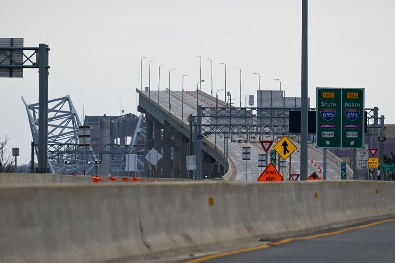 &copy; Reuters. A view of the Francis Scott Key Bridge, after the Dali cargo vessel crashed into it causing it to collapse, in Baltimore, Maryland, U.S., March 26, 2024. REUTERS/Craig Hudson