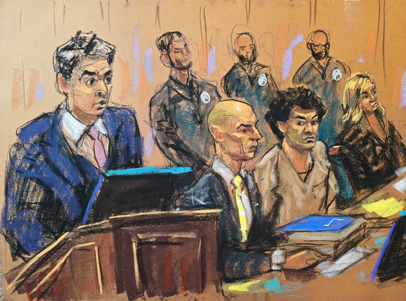 &copy; Reuters. Victim Sunil Kavuri speaks at the podium as FTX founder Sam Bankman-Fried sits between his defense attorneys Marc Mukasey and Torrey Young during the sentencing hearing at Federal Court in New York City, U.S., March 28, 2024 in this courtroom sketch. REUT