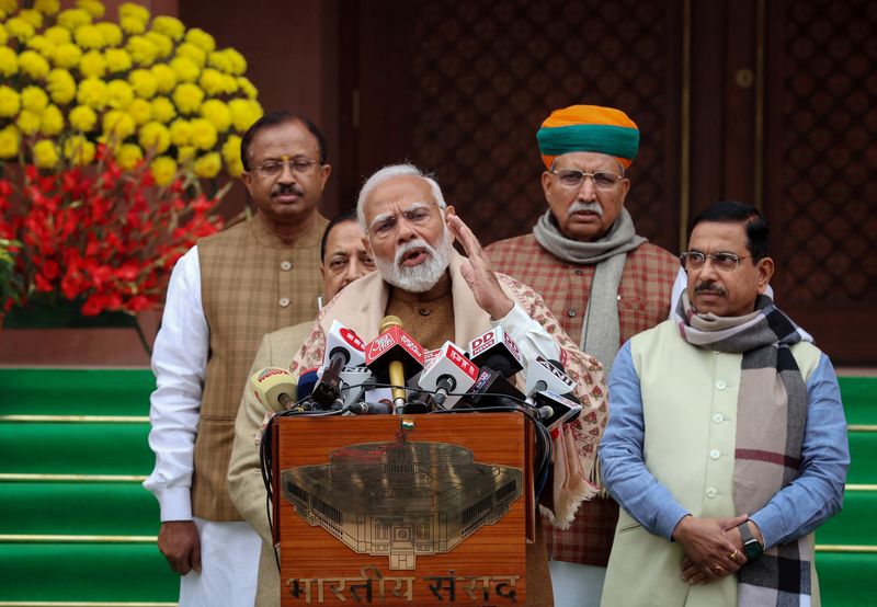 &copy; Reuters. India's Prime Minister Narendra Modi speaks with the media inside the parliament premises upon his arrival on the first day of the budget session in New Delhi, India, January 31, 2024. REUTERS/Altaf Hussain/ File Photo
