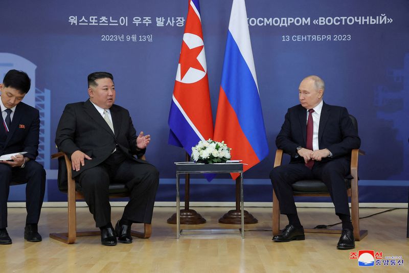 &copy; Reuters. FILE PHOTO: Russia's President Vladimir Putin and North Korea's leader Kim Jong Un attend a meeting at the Vostochny Cosmodrome in the far eastern Amur region, Russia, September 13, 2023 in this image released by North Korea's Korean Central News Agency. 