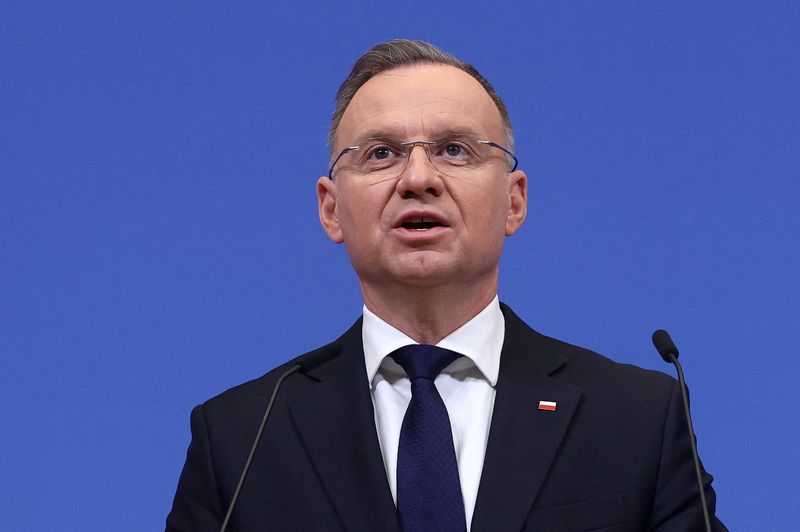&copy; Reuters. Polish President Andrzej Duda speaks during a press conference with NATO Secretary General Jens Stoltenberg at the alliance's headquarters in Brussels, Belgium March 14, 2024. REUTERS/Yves Herman/File Photo
