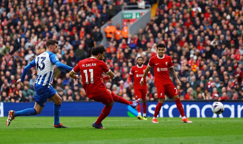 &copy; Reuters. Soccer Football - Premier League - Liverpool v Brighton & Hove Albion - Anfield, Liverpool, Britain - March 31, 2024 Liverpool's Mohamed Salah scores their second goal REUTERS/Molly Darlington