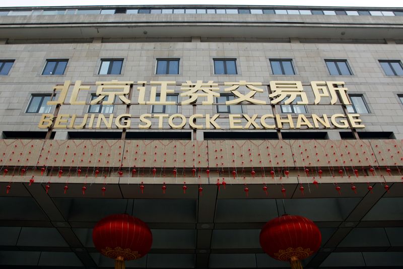 &copy; Reuters. The sign of Beijing Stock Exchange is seen at its entrance during an organised media tour, in Beijing, China February 17, 2022. REUTERS/Florence Lo/File Photo