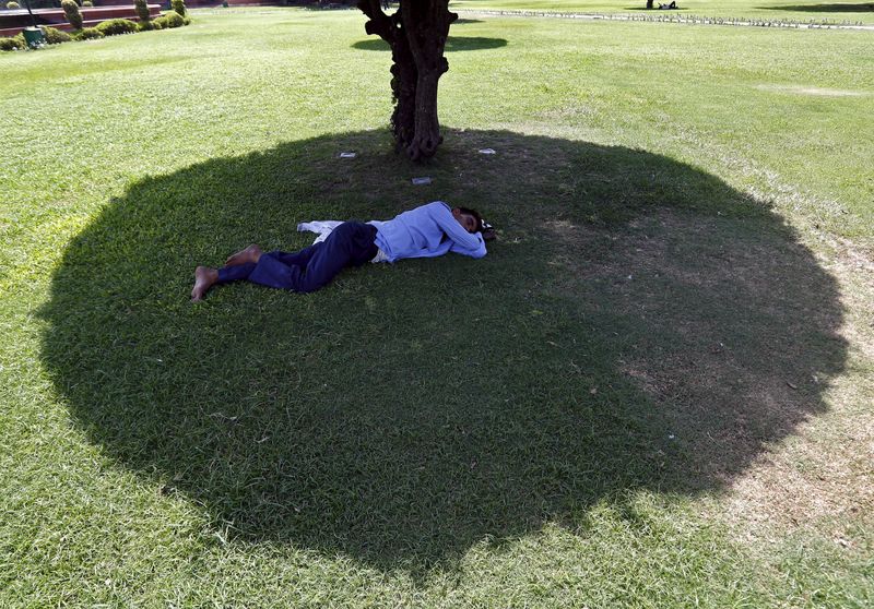 &copy; Reuters. Imagen de archivo de un hombre durmiendo a la sombra de un árbol en un día caluroso en un parque público de Nueva Delhi, India. 27 mayo 2015. REUTERS/Anindito Mukherjee