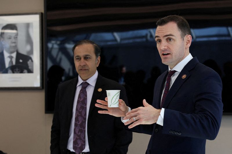 &copy; Reuters. FILE PHOTO: US Congressman Mike Gallagher (R-WI), chairman of the House Select Committee on the Chinese Communist Party speaks as Ranking member Raja Krishnamoorthi (D-IL), looks on during a biotech science fair in Cambridge, Massachusetts, U.S., February