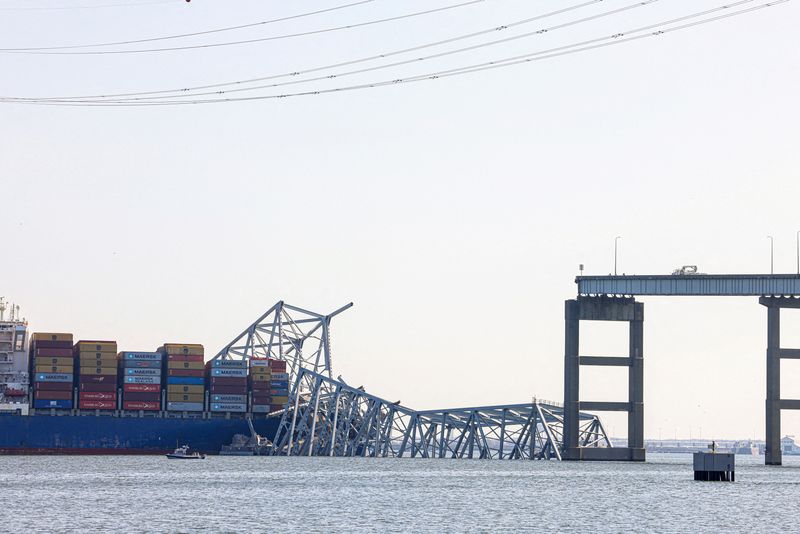 &copy; Reuters. FILE PHOTO: Wreckage lies across the deck of the Dali cargo vessel, which crashed into the Francis Scott Key Bridge causing it to collapse, in Baltimore, Maryland, U.S., March 29, 2024. REUTERS/Julia Nikhinson/File Photo