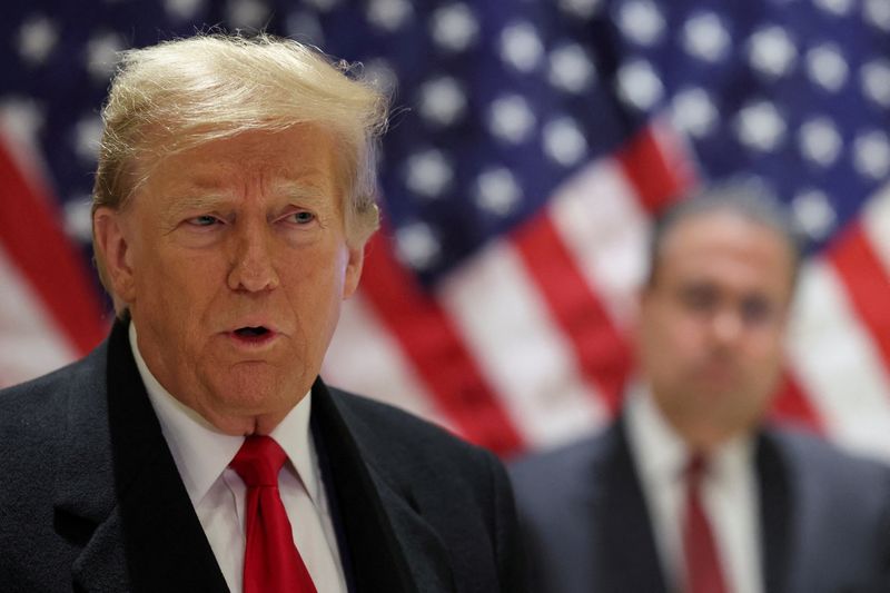&copy; Reuters. FILE PHOTO: Republican presidential candidate and former U.S. President Donald Trump speaks during a press conference at one of his properties after attending a hearing in his criminal court case on charges stemming from hush money paid to a porn star in 