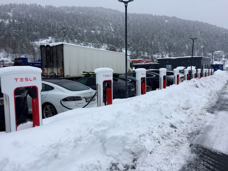 &copy; Reuters. FILE PHOTO: Electric cars are seen at Tesla charging station in Gulsvik, Norway March 17, 2019. Picture taken March 17, 2019. REUTERS/Terje Solsvik/File Photo