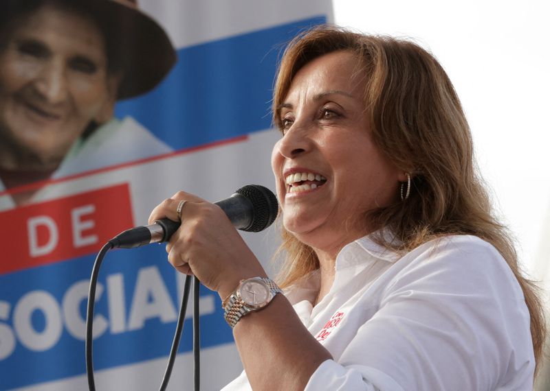 &copy; Reuters. FILE PHOTO: Peru's President Dina Boluarte, who is facing an enquiry into possible illicit enrichment and failure to declare ownership of luxury watches, addresses the audience during an assistance program for the elderly, in Lima, Peru February 22, 2024.