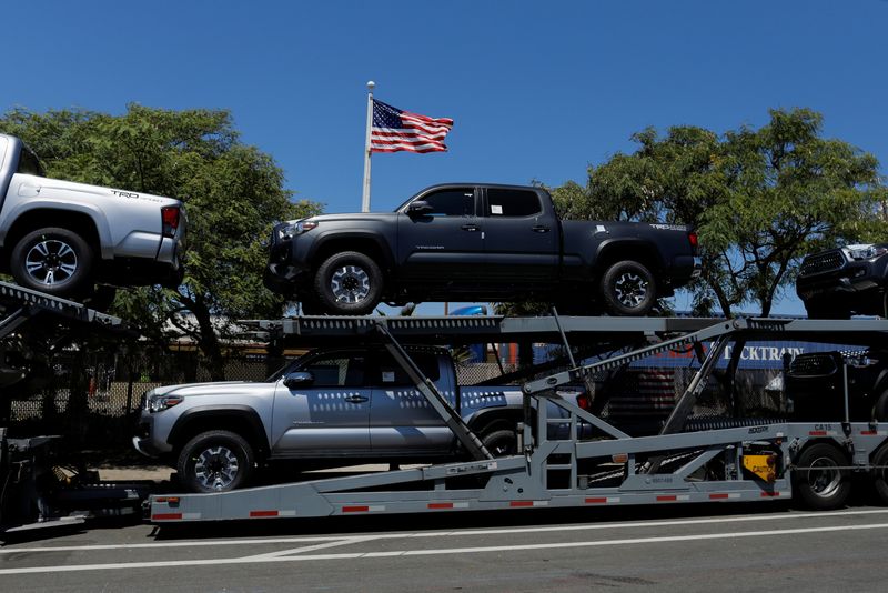 &copy; Reuters. Toyota trucks are shown on a car carrier for delivery after arriving in the United States in National City, California, U.S. June 27, 2018.        REUTERS/Mike Blake/File Photo