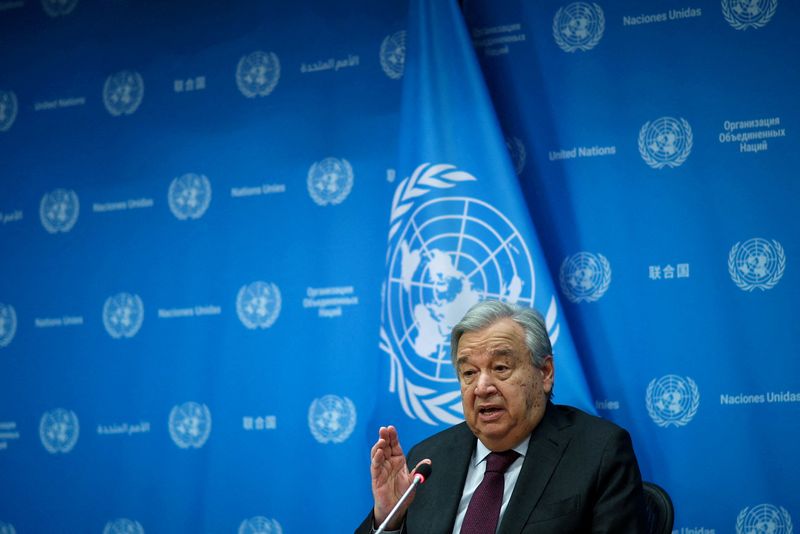 &copy; Reuters. Il segretario generale delle Nazioni unite Antonio Guterres durante una conferenza stampa presso la sede dell'Onu a New York, Usa, 8 febbraio 2024. REUTERS/Mike Segar/File Photo