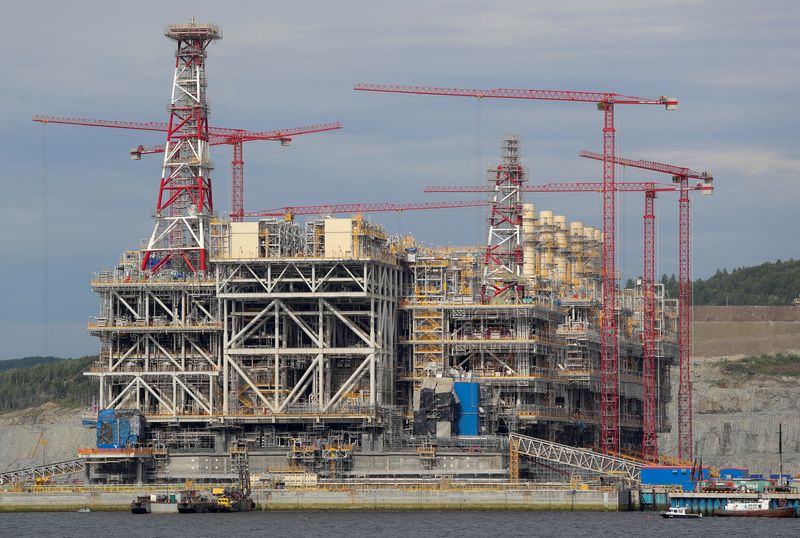 &copy; Reuters. FILE PHOTO: A concrete gravity-based structure (GBS) of Arctic LNG 2 joint venture is seen under construction in a dry dock of the LNG Construction center near the settlement of Belokamenka, Murmansk region, Russia July 26, 2022.  REUTERS/Stringer/File Ph