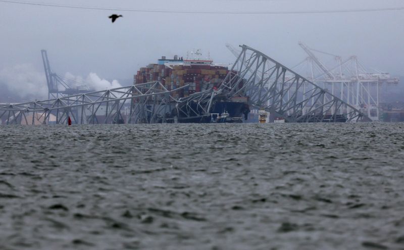 &copy; Reuters. A view of continuing recovery efforts at the site of the collapsed Francis Scott Key Bridge in the Patapsco River in Baltimore, Maryland, U.S., April 2, 2024. REUTERS/Leah Millis 
