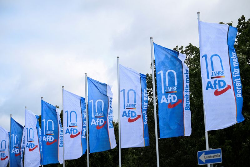 &copy; Reuters. Bandeiras tremulam perto do local da 14ª convenção federal do partido Alternativa para a Alemanha (AfD) em Magdeburg, Alemanha
28/07/2023
REUTERS/Annegret Hilse