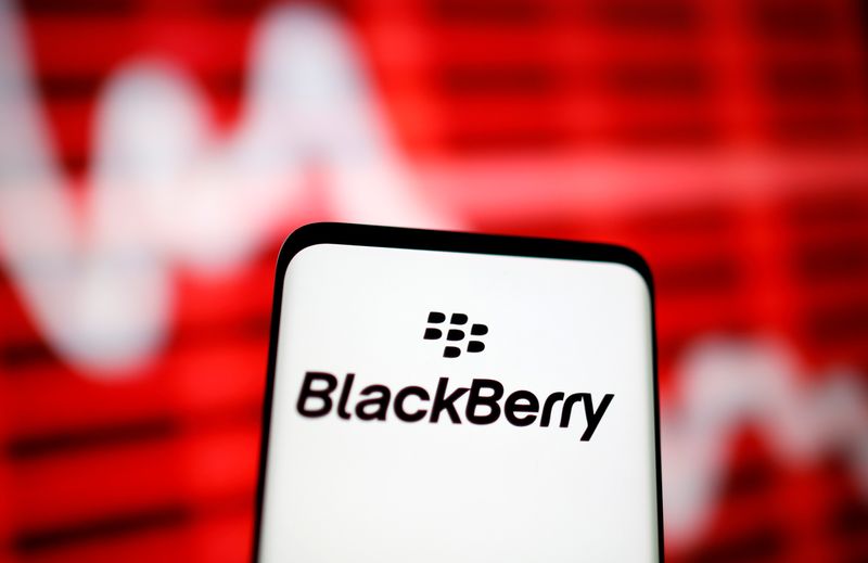 &copy; Reuters. FILE PHOTO: The Blackberry logo is seen on a smarphone in front of a displayed stock graph in this illustration taken February 5, 2021. REUTERS/Dado Ruvic/Illustration/File Photo