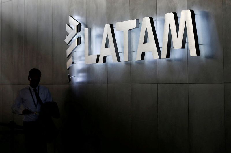 &copy; Reuters. LATAM airlines logo, is seen inside of the Commodore Arturo Merino Benitez International Airport in Santiago, Chile  April 25, 2019. REUTERS/Rodrigo Garrido/File Photo