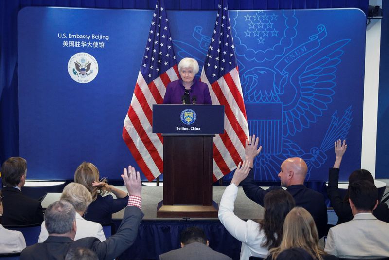 © Reuters. U.S. Treasury Secretary Janet Yellen speaks during a press conference at the U.S. embassy in Beijing, China, July 9, 2023. REUTERS/Thomas Peter/File Photo