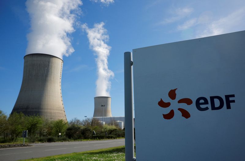 &copy; Reuters. FILE PHOTO: The logo of Electricite de France (EDF) is seen in front of cooling towers at the entrance of the nuclear power plant site, in Civaux, France, March 19, 2024. REUTERS/Stephane Mahe/File photo