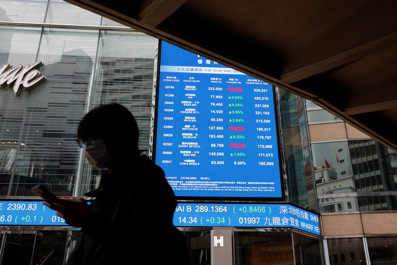 &copy; Reuters. FILE PHOTO: A woman walks past a screen displaying the Hang Seng Index at Central district, in Hong Kong, China March 21, 2023. REUTERS/Tyrone Siu/File photo