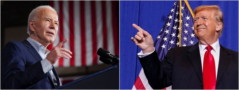 &copy; Reuters. صورة مجمعة تظهر الرئيس الأمريكي جو بايدن في ولاية نيفادا الأمريكية يوم 19 مارس آذار 2024 ووالمرشح الرئاسي الجمهوري والرئيس الأمريكي السابق دو