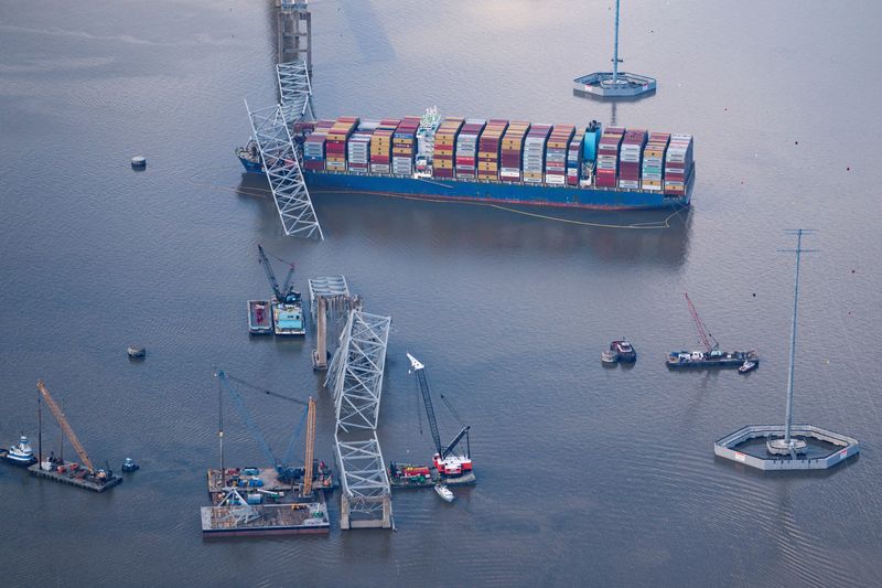 © Reuters. FILE PHOTO: View of the Dali cargo vessel which crashed into the Francis Scott Key Bridge causing it to collapse in Baltimore, Maryland, U.S., April 4, 2024. REUTERS/Nathan Howard/File Photo