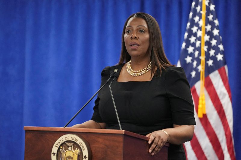 &copy; Reuters. FILE PHOTO: New York Attorney General Letitia James speaks during a press conference following a ruling against former U.S. President Donald Trump ordering him to pay $354.9 million and barring him from doing business in New York State for three years, in