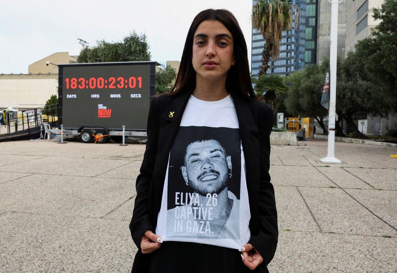 &copy; Reuters. Ziv Abud, the girlfriend of hostage Eliya Cohen, who was kidnapped during the October 7 attack on Israel by Palestinian Islamist group Hamas from Gaza, shows her t-shirt with a picture of Eliya during an interview with Reuters, in Tel Aviv, Israel, April 