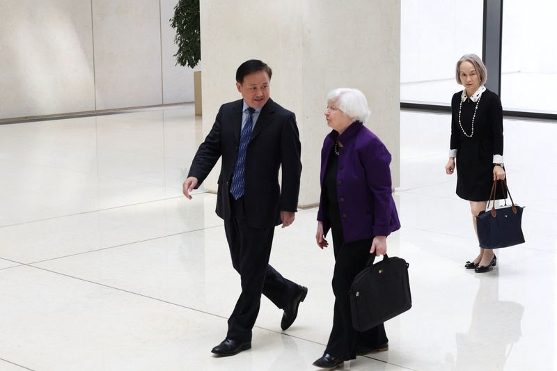 &copy; Reuters. U.S. Treasury Secretary Janet Yellen walks with People's Bank of China (PBOC) Governor Pan Gongsheng on the day of their meeting, in Beijing, China April 8, 2024. REUTERS/Florence Lo