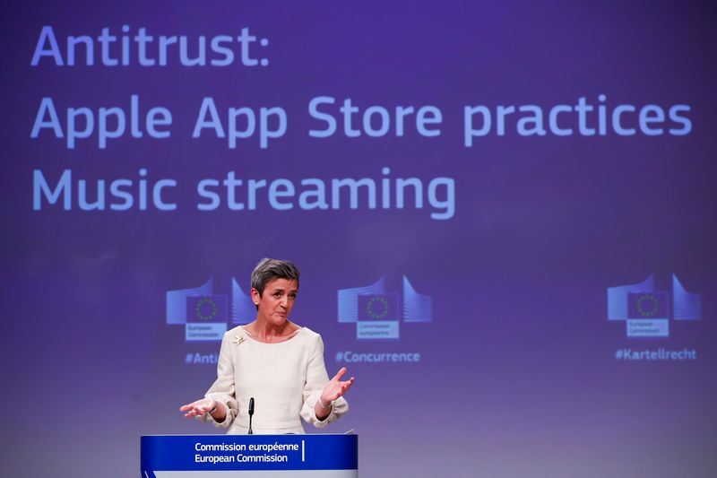 © Reuters. FILE PHOTO: European Commissioner for Europe fit for the Digital Age Margrethe Vestager speaks during an online news conference on Apple anti trust case at the EU headquarters in Brussels, Belgium April 30, 2021. Francisco Seco/Pool via REUTERS/File Photo