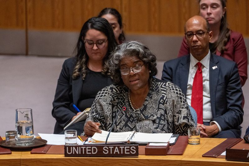 © Reuters. U.S. Ambassador to the United Nations Linda Thomas-Greenfield speaks during a meeting of the United Nations Security Council on the conflict between Israel and the Palestinian Islamist group Hamas, at U.N. headquarters in New York, U.S., March 11, 2024.   REUTERS/David 'Dee' Delgado/File Photo