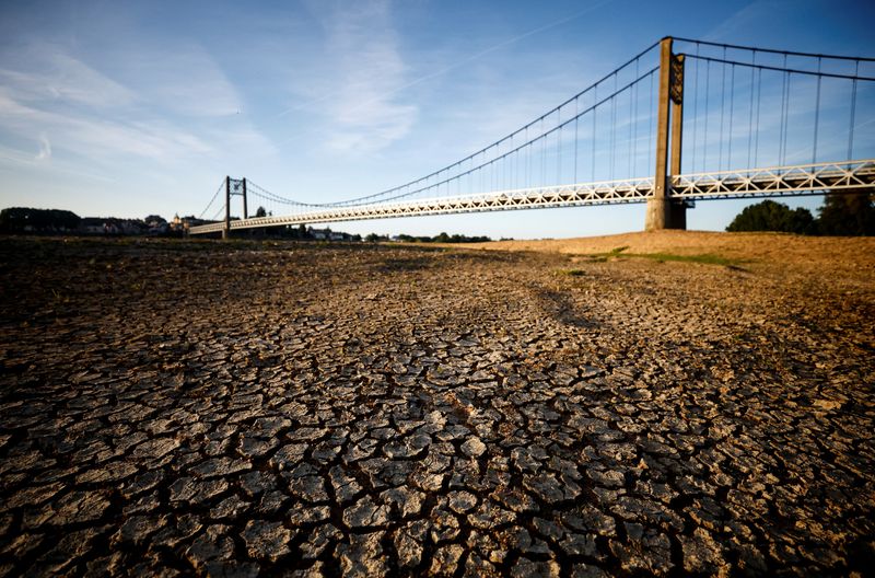 © Reuters. FILE PHOTO: Cracked and dry earth is seen in the wide riverbed of the Loire River near the Anjou-Bretagne bridge as a heatwave hits Europe, in Ancenis-Saint-Gereon, France, June 13, 2022. REUTERS/Stephane Mahe/File Photo