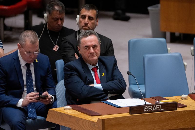 &copy; Reuters. وزير الخارجية الإسرائيلي يسرائيل كاتس خلال جلسة لمجلس الأمن التابع للأمم المتحدة في نيويورك يوم 11 مارس آذار 2024. تصوير: ديفيد دي ديلجادو - روي