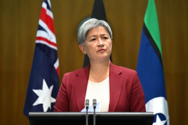 &copy; Reuters. Australian Foreign Minister Penny Wong speaks to the media after holding a bilateral meeting with Chinese Foreign Minister Wang Yi at Parliament House, in Canberra, Australia, March 20, 2024. AAP/Lukas Coch/via REUTERS/ File photo
