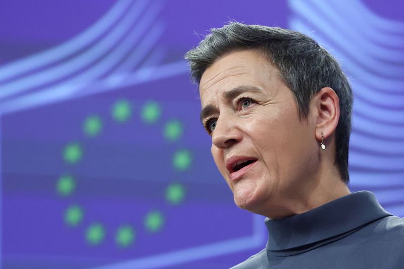 &copy; Reuters. European Commissioner for Europe fit for the Digital Age Margrethe Vestager attends a press conference presenting plans to boost the European Union's arms industry in Brussels, Belgium March 5, 2024. REUTERS/Yves Herman/File Photo