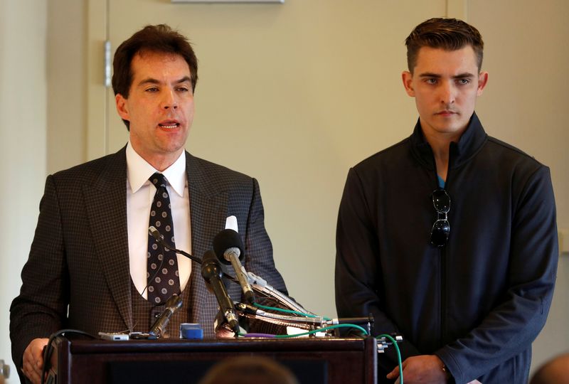 &copy; Reuters. FILE PHOTO: Jack Burkman, a lawyer and Republican political operative, and Jacob Wohl (R), an internet political activist and supporter of President Donald Trump, speak during a news conference to address their allegations against Special Counsel Robert M
