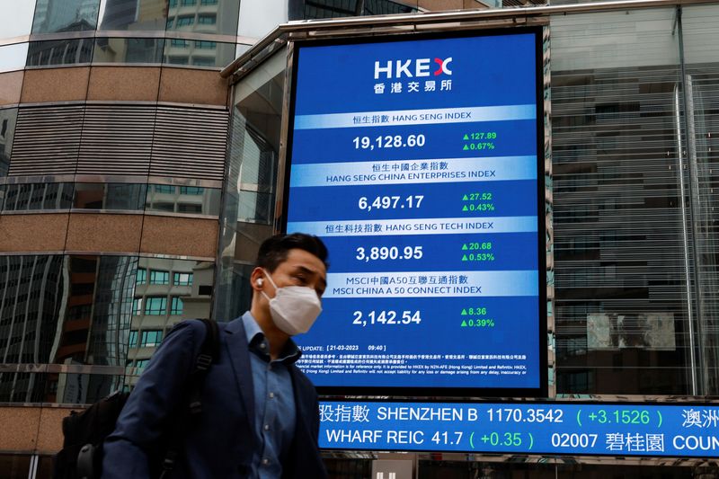 &copy; Reuters. FILE PHOTO: A man walks past a screen displaying the Hang Seng Index at Central district, in Hong Kong, China March 21, 2023. REUTERS/Tyrone Siu/File photo