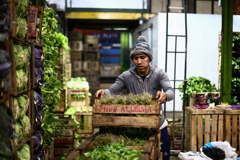 &copy; Reuters. FILE PHOTO: A vendor carries a box of vegetables at the Mercado Central, the city's largest wholesale central market, which receives produce from the entire country, as Argentines face a daily race for deals as inflation soars above 100%, on the outskirts